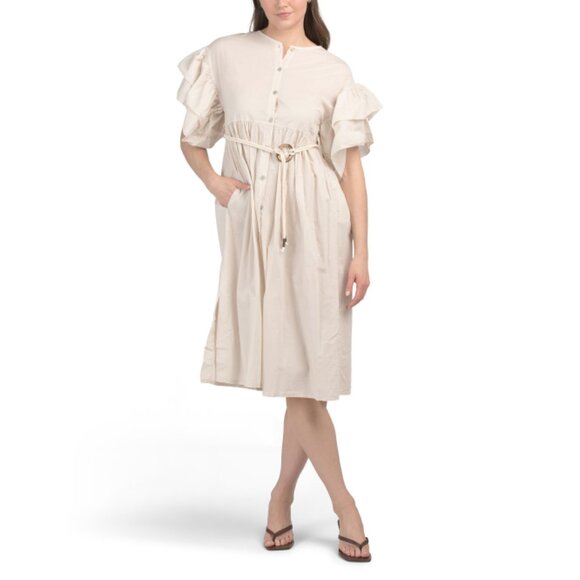 CRISTINA VERGANI  Italy Double Ruffle Sleeve Button Front Dress With Rope Belt - Picture 1 of 2